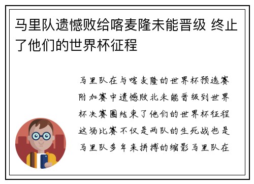 马里队遗憾败给喀麦隆未能晋级 终止了他们的世界杯征程