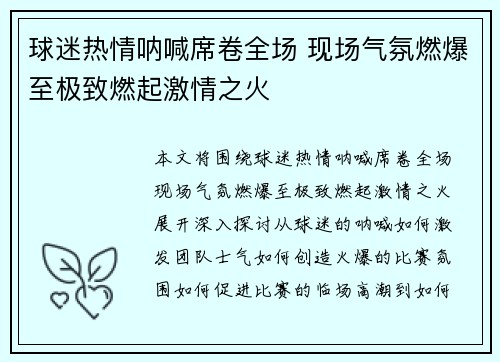球迷热情呐喊席卷全场 现场气氛燃爆至极致燃起激情之火